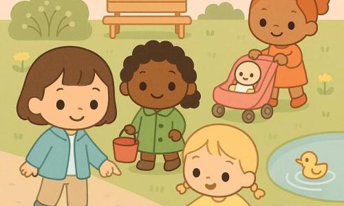 Vier meisjes van 4 jaar: Noor met kort bruin haar en lichtblauwe jas houdt Sara’s hand en kijkt zacht naar een glanzend grijs slakje links van de groep; Sara met blond haar in twee vlechtjes en een lichtgele jurk hurkt in het midden en wijst verrast en blij naar het slakje; Lotte met rood haar in een paardenstaart duwt een roze buggy met een wit popje rechts op de achtergrond en kijkt toe; Evi met krullend zwart haar en appelgroene jas staat achter Noor met een rood emmertje klaar. In een lentepark met zachtgroen gras en gele paardenbloemen, een struik met knoppen, een licht houten bankje en een blauw vijvertje met een eend; zachte roze lucht, warme avondlichtstemming. De meisjes verplaatsen het slakje voorzichtig op een groot groen blad naar het gras; rustige, trage vriendelijke gebaren, pastelkleuren en eenvoudige ronde vormen.