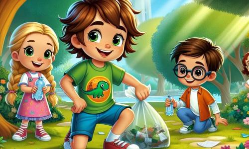 Um menino de 8 anos, Miguel, com cabelos castanhos bagunçados e olhos brilhantes de curiosidade, está agachado em um parque verdejante, sorrindo com orgulho enquanto coleta lixo em um saco plástico. Ele usa uma camiseta colorida com um padrão de dinossauro e um short azul, demonstrando seu entusiasmo pela natureza. Ao lado dele, Ana, uma menina de 8 anos com cabelos longos e loiros trançados, o ajuda segurando uma garrafa plástica, com uma expressão determinada no rosto. Lucas, outro menino de 8 anos com óculos e cabelos castanhos, está um pouco mais longe, recolhendo papéis, sorrindo e rindo com os amigos. O local é um parque iluminado, cheio de grandes árvores com folhas verdes vibrantes, flores coloridas que dançam ao vento e um caminho de pedras que serpenteia pela vegetação. Ao longe, vê-se um pequeno lago onde alguns patos nadam tranquilamente. A cena principal mostra Miguel e seus amigos em ação, limpando o parque com entusiasmo, cercados por sacos de lixo cheios de resíduos, enquanto celebram seu esforço coletivo para proteger a natureza.