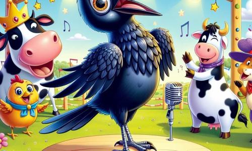 Um corvo chamado Carlinhos, com plumagem preta brilhante e olhos cintilantes de travessura, está em um palco colorido, sorrindo entusiasticamente. Ele está cantando e dançando, com as asas abertas como se quisesse tocar o céu. Ao lado dele, uma vaquinha chamada Maroca, com manchas brancas e pretas, ri alto, com as patas levantadas, pronta para incentivá-lo. No fundo, uma galinha chamada Clotilde, com penas douradas e um ar travesso, aplaude alegremente, cercada por outros animais da fazenda. O cenário é um campo ensolarado, adornado com flores coloridas e um grande painel festivo indicando "Competição de Talentos". A cena transmite uma atmosfera alegre e festiva, cheia de risos e música, enquanto Carlinhos, o corvo, se prepara para mostrar seu talento a todos os seus amigos.