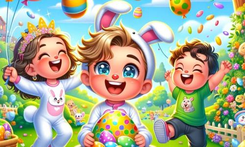 A 6-year-old boy, Benny, with sparkling blue eyes and a big smile, is wearing a bunny-shaped pajamas. He is jumping with joy, holding a chocolate egg in his hands, radiating excitement. Next to him, a 6-year-old girl with a sparkling crown and curly hair is laughing while playing with colorful eggs. Another 6-year-old boy, dressed in a green t-shirt, is throwing a plastic egg in the air, laughing enthusiastically. The scene takes place in a sunny park filled with colorful flowers and floating balloons, with a large tree in the background. In the center, a big basket overflowing with Easter eggs and chocolates is surrounded by joyful children having fun together. The atmosphere is festive and full of joy, capturing the spirit of adventure and friendship of this Easter day.