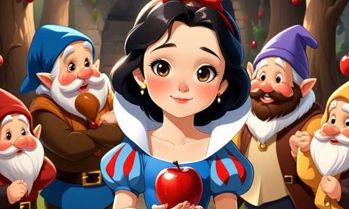Blancanieves, una niña de unos 10 años, se encuentra en el centro de la escena. Tiene una piel de un blanco resplandeciente, labios rojos como cerezas y cabello negro como el ébano, que cae en suaves rizos sobre sus hombros. Su expresión es a la vez dulce y maravillada, y sus grandes ojos marrones brillan de curiosidad. Sostiene una manzana brillante en sus manos, mirando a su alrededor con ligera inquietud. A su lado, los siete enanitos la rodean. Gruñón, un pequeño hombre de cara ceñuda, cruza los brazos con un aire de desconfianza. Feliz, con una sonrisa radiante, baila alegremente a su lado, mientras que Sabio, el mayor, observa la escena con una expresión sabia y atenta. El decorado es un claro encantado, rodeado de majestuosos árboles de hojas verdes brillantes, y flores coloridas brotan a su alrededor. La luz del sol filtra a través de las ramas, creando un ambiente mágico y cálido. La situación principal muestra a Blancanieves, en medio de los enanitos, dudando en morder la manzana, mientras los enanitos intercambian miradas preocupadas, conscientes del peligro que podría ocultarse tras esta hermosa apariencia.