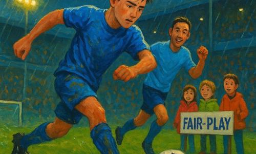 Ein Acrylgemälde: im Vordergrund ein junger Mann (ca. 18–22) mit nassen kurzen braunen Haaren und blauem Trikot, konzentriert und dann entschlossen, streckt das Bein zu einem präzisen Pass; dahinter ein älterer Mitspieler (ca. 28–32) mit hellem blauem Trikot lächelt ermutigend und läuft mit ausgestrecktem Arm, ein dritter Spieler (ca. 24–27) sprintet am Rand in Richtung Strafraum, bereit zu empfangen; an der Seitenlinie schauen staunende Kinder (8–10) in bunten Regenmänteln nahe einem Schild mit der Aufschrift FAIR-PLAY zu; bescheidener Nachtsportplatz mit regennassem, dunkelgrün glänzendem Rasen, Matschspuren, scharfen weißen Linien, unscharfen Zuschauern auf den Rängen, Bannern und Anzeigetafel; zentraler Moment: ein Spieler verzichtet auf persönlichen Ruhm zugunsten eines perfekten Passes, feiner Regen, Gras spritzt, eingefrorene dynamische Bewegung, kontrastreiche Farben, sichtbare Pinselstriche, dicke Texturen und dramatische Scheinwerferbeleuchtung schaffen eine warme, inspirierende Atmosphäre.