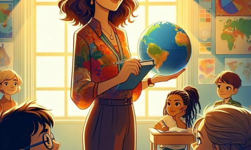 Una mujer diplomática, de unos treinta años, con cabello castaño ondulado y una sonrisa cálida, se encuentra en el centro de la imagen, sosteniendo un globo terráqueo en sus manos. Expresa serenidad y determinación, vestida con una blusa colorida y pantalones elegantes, rodeada de niños curiosos. A su derecha, un niño de 11 años, con gafas y cabello rubio desordenado, observa atentamente el globo, con los ojos brillantes de curiosidad. A su izquierda, una niña de 10 años, con trenzas y una camiseta estampada, toma notas en un pequeño cuaderno, mostrando una expresión concentrada. El escenario es un aula luminosa, con paredes decoradas con dibujos infantiles sobre la paz y mapas del mundo. Rayos de sol entran por las ventanas, iluminando el espacio. La diplomática comparte historias inspiradoras sobre la paz y la resolución de conflictos, mientras los niños la escuchan atentamente, cautivados por sus palabras y experiencias.