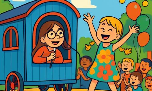 Er zijn 2 hoofdpersonages: - Emma: een 10-jarig meisje met lang bruin haar en ronde bril. Ze zit in een mooie blauwe caravan, glimlachend met een vastberaden uitdrukking op haar gezicht. - Noor: een 10-jarig meisje met gevlochten blond haar en een kleurrijke bloemenjurk. Ze staat naast Emma met haar armen in de lucht, vol enthousiasme en vreugde. De situatie speelt zich af op een podium voor een openluchtshow, versierd met glinsterende lichtslingers en kleurrijke ballonnen. Op de achtergrond is een glimlachende menigte van toeschouwers te zien, kinderen en ouders, die allemaal klappen met stralende gezichten van opwinding. De lucht is blauw met enkele pluizige witte wolken, en groene bomen omringen het podium, wat een feestelijke en vrolijke sfeer creëert. De hoofdscène van het verhaal toont Emma en Noor op het podium, zingend en dansend samen, hun gezichten verlicht door vreugde en adrenaline. De felle kleuren van hun kleding contrasteren met het kleurrijke decor, terwijl een golf van positieve energie uit hun optreden straalt en de aandacht van alle toeschouwers trekt.