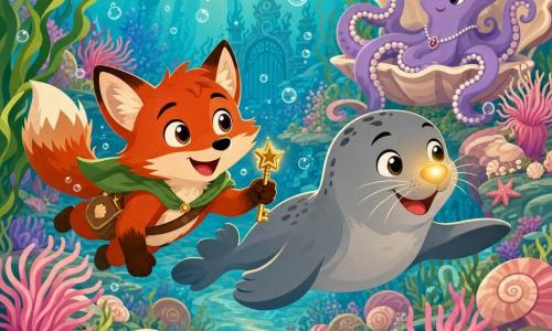 Fern is a small anthropomorphic fox with bright red fur and wide curious eyes, swimming gently while holding a small star-shaped key; Pippin is a playful young seal with pearly gray fur and a mischievous grin, floating beside Fern and guiding him with his glowing nose; Oona is an elegant lavender octopus with slim tentacles beaded with pearls, watching kindly from a shell in the background. They are in an underwater shell garden of pink-and-cream spiral shells, waving pink anemones, translucent bubbles, golden sunbeams, green seaweed and shell-covered stones. The friends have just found the first key in the shell field, creating a soft, luminous adventure atmosphere with a clear composition and detailed background.