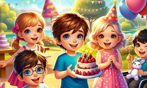 In un parco soleggiato, quattro bambini si riuniscono per festeggiare un compleanno. Luca, un ragazzo di sei anni con capelli castani e occhi vivaci, indossa una maglietta blu e pantaloni rossi, sorridendo con una grande fetta di torta in mano. Alla sua destra, Giulia, una bambina con capelli biondi e trecce, indossa un vestito rosa a pois e ride mentre tiene un palloncino a forma di stella. A sinistra, Marco, un ragazzo con capelli castani e occhiali, fa un gesto magico con le mani, sorridendo. Infine, Samuele, un ragazzo in sedia a rotelle con capelli neri e un grande sorriso, tiene un peluche di coniglio e guarda i suoi amici con gioia. Il parco è verdeggiante, con alberi maestosi, fiori colorati e un cielo blu. Sullo sfondo, si vede un grande tavolo decorato con palloncini e una torta di fragole. La scena mostra i bambini che si divertono insieme, festeggiando il compleanno di Luca.