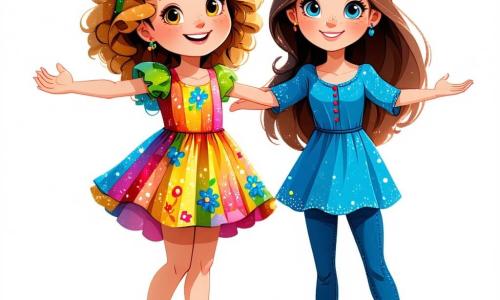 Ci sono due personaggi principali: 1. **Mia**, una ragazza di 10 anni con capelli ricci e dorati, che indossa un vestito colorato decorato con fiori. È piena di energia e sorride gioiosamente, in piedi a sinistra con le braccia aperte come se accogliesse il mondo. 2. **Sara**, una ragazza di 10 anni con capelli lunghi e lisci, castani, e occhi blu scintillanti. Indossa una tunica blu e un pantaloncino di jeans. Si trova a destra di Mia, con le mani sui fianchi e un'espressione determinata. La scena si svolge in un **giardino incantato**, pieno di fiori multicolori che danzano al vento. Al centro, un grande albero maestoso con foglie dorate si erge, con frutti brillanti che scintillano come stelle. Sullo sfondo, una porta di legno decorata con motivi floreali emerge da un cespuglio, rivelando una luce splendente. La situazione principale mostra **Mia e Sara che scoprono la porta magica** nel giardino. Si guardano con meraviglia, pronte a entrare in un mondo di sogni e avventure, mentre un coniglietto bianco, Bobo, le osserva con un sorriso benevolo, seduto su una pietra vicina.