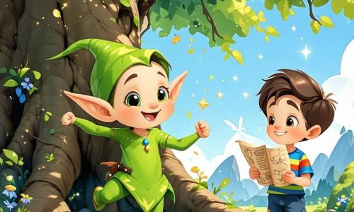 Un duende alegre, llamado Lilo, con un pequeño cuerpo verde, orejas puntiagudas y una gran sonrisa, está bailando bajo un majestuoso árbol. Sus ojos brillan de emoción mientras sostiene un pequeño rollo de papel brillante, su valiosa carta mágica. A su lado, un niño de 8 años, Tomás, con el cabello castaño desordenado y una camisa a rayas coloridas, mira a Lilo con asombro, listo para ayudarlo en su búsqueda. Se encuentran en un parque soleado, rodeados de flores brillantes y grandes árboles con hojas doradas que brillan bajo la luz. La escena principal muestra a Lilo y Tomás celebrando el descubrimiento de la carta mágica, listos para entrar en el mundo encantador del Bosque Encantado, donde la magia y la aventura les esperan.