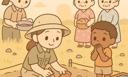Mujer arqueóloga sonriente y serena, con sombrero beige de ala ancha y camisa caqui, arrodillada limpiando con un pequeño pincel rosa un fragmento de cerámica; a su lado el niño Nico de unos 8 años, pelo castaño y ojos maravillados, observando atento; una colega adulta con coleta tamiza tierra en un cedazo a la izquierda; dos ancianas con vestidos florales y moños grises, una con una cesta de pan, están al fondo a la derecha; lugar: campo de hierba dorada al atardecer con pequeñas piedras, el cuadrado de excavación delimitado por una cuerda, mesa de madera con cajas blancas, etiquetas coloridas y pinceles alineados, lonas azules plegadas; escena tranquila y cálida, gestos lentos y respetuosos, composición simple y tonos pastel.