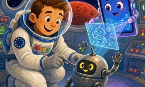 Uśmiechnięty astronauta o okrągłej twarzy i krótkich brązowych włosach pod przezroczystym hełmem naprawia małego świecącego robota; po prawej unosi się Lila — uśmiechnięta tabletka w fioletowo-niebieskich barwach, projektująca świetlne schematy; przed mężczyzną stoi szary, okrągły robot z migającymi żółtymi oczami i połamanym anteną, machający ramieniem na znak wdzięczności. Wnętrze małej stacji kosmicznej: miękkie metalowe ściany, panele z migającymi czerwonymi i zielonymi światłami, okrągłe okna z widokiem na gwiaździste niebo i czerwoną planetę. Scena pokazuje naprawę i współpracę, ciepła atmosfera, żywe kolory, zaokrąglone kształty i prosty, czytelny układ dla dzieci.