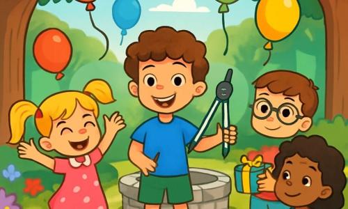 There are 4 characters: Oliver, an 8-year-old boy with curly brown hair, wearing a blue t-shirt and green shorts, smiling and holding a nice compass in his hand, standing in the center of the image, radiating joy. Lily, an 8-year-old girl with long blonde hair in two pigtails, dressed in a pink polka dot dress, jumps with excitement next to Oliver, her eyes sparkling. Max, an 8-year-old boy with short brown hair, wearing round glasses and a red t-shirt, holds a small gift in his hands and stands slightly back, smiling proudly. Emma, an 8-year-old girl with curly black hair, wearing blue overalls and a yellow t-shirt, sits on a stone holding a paint palette, observing the scene with a gentle smile. The setting takes place in an enchanted clearing in the heart of the forest, surrounded by majestic trees with emerald green leaves and a sparkling stone well under the sun. Colorful flowers in bright shades of purple, red, and yellow line the path, with rays of light filtering through the branches, creating a magical atmosphere. The main situation shows Oliver and his friends celebrating his surprise birthday, surrounded by colorful balloons floating in the air, as they laugh and enjoy together, their faces illuminated by joy and friendship.