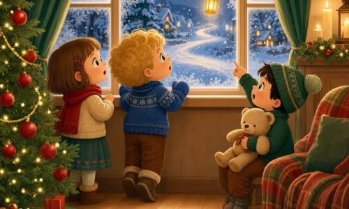 Three 3-year-olds: Mia (brown bob, red scarf) stands left by the frosted window with a hand on the sill, eyes wide; Leo (curly blond hair, blue mittens) stands center on tiptoe, mouth ajar; Sam (black hair, green pompom hat) sits right on a small stool holding a beige teddy and pointing at a glowing golden lantern floating just outside on the snowy path. They’re crowded together inside a cozy Christmas living room—warm candlelight, a decorated tree with red baubles and gold garlands, green velvet curtains drawn aside, light wood floor and a plaid blanket on the couch—interior warm tones contrasting with the pale blue, snowy exterior, all watching the lantern with wonder.
