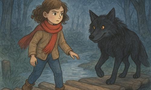 A 10-year-old girl, Mara, with curly brown hair and a determined look, wears a bright red scarf around her neck, cautiously walking on an old log bridge over a silvery river. A large wolf, with fur as dark as night and bright eyes, stands on the bridge, pressing a paw on a log to stabilize it, watching Mara with an enigmatic smile. The bridge is surrounded by a dense forest with tall, dark trees, their leaves softly whispering in the wind. The scene unfolds in dim light, as dusk begins to paint the sky in shades of blue and purple, creating an atmosphere both mysterious and magical.