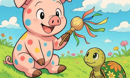 Un cerdo llamado Tito, con manchas de colores en su piel rosada, está sentado en una colina verde, luciendo alegre y curioso. Sostiene una pequeña bola de paja atada con cintas de colores, lista para ser lanzada al viento. A su lado, la tortuga Pimpinela, con su caparazón adornado con motivos florales, observa lentamente, con ojos chispeantes de picardía. Detrás de Tito, se extiende la pradera de Sonrisales, con hierbas ondulantes y flores multicolores que bailan bajo la brisa. El cielo es azul claro, salpicado de nubes algodonosas que parecen flotar suavemente. La escena captura el momento en que Tito se dispone a enviar su mensaje secreto al viento, rodeado de sus amigos, en un paisaje vibrante y encantador.