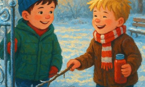 Dwaj chłopcy, 7-letni Bartek (krótkie brązowe włosy, rumiane policzki, niebieska czapka, zielony puchowy płaszcz) i 7-letni Kuba (roztrzepane blond włosy, czerwono-biała szal, brązowy płaszcz), stoją obok siebie w małym, zapomnianym zimowym ogródku przy ozdobnym, oblodzonym metalowym furtce; na ubitej śnieżnej ziemi widać ślady stóp, z przodu ciemna, migocząca kałuża odbija ich twarze, w tle oblodzona drewniana ławka i nagie, kryształowe gałęzie drzew pod niskim złotym światłem popołudnia; chłopcy kładą cienką gałązkę jako kruchy "most" nad kałużą, dzielą termos z gorącą czekoladą i śmieją się, a niskie światło sprawia, że kryształki lodu błyszczą i tworzą złote refleksy na śniegu.