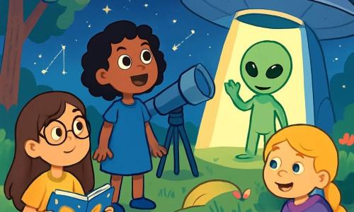 Há 3 personagens: - Sofia: uma menina de 9 anos, com longos cabelos castanhos e óculos redondos. Ela usa uma camiseta amarela com estrelas e está sentada na grama, segurando um livro sobre planetas. - Luna: uma menina de 9 anos, com cabelo curto e cacheado, de cor preta. Ela usa um vestido azul e está em pé, olhando maravilhada para a nave espacial que desce do céu. - Beatriz: uma menina de 9 anos, com cabelo loiro e uma trança. Ela usa um moletom roxo e está agachada, desenhando estrelas em um caderno com lápis de cor. O local é um jardim verdejante, cheio de flores coloridas e árvores majestosas sob um céu estrelado. No centro, um grande telescópio aponta para as constelações cintilantes. Ao fundo, um disco espacial prateado brilha, flutuando suavemente acima do solo. A cena principal mostra as três amigas, maravilhadas, enquanto um extraterrestre amigável, Ziko, sai da porta luminosa de sua nave. As meninas estão cercadas por uma aura de magia e excitação, prontas para embarcar em uma aventura intergaláctica.