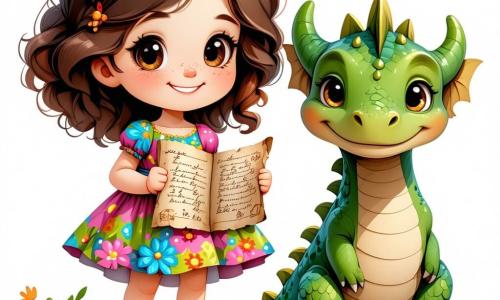 Clara, uma menina de 8 anos, tem grandes olhos brilhantes de curiosidade e cabelos castanho-claros cacheados que caem sobre os ombros. Ela usa um vestido colorido com estampas de flores e botas de borracha. Sorrindo entusiasticamente, segura um mapa do tesouro, pronta para explorar um mundo mágico. Ao seu lado está Draguinho, um pequeno dragão verde com escamas brilhantes e olhos redondos e alegres, que bate as asas com excitação, flutuando levemente acima do chão. Um pouco mais longe, Lila, uma pequena raposa de pelagem ruiva, os observa com um sorriso agradecido, seus olhos travessos e cauda espessa balançando alegremente. A cena acontece em uma bela floresta encantada, cheia de árvores de troncos coloridos, flores luminosas que parecem dançar ao vento e um riacho cintilante que serpenteia pela paisagem. Clara, Draguinho e Lila estão juntos, prontos para descobrir as maravilhas da floresta, enquanto um suave raio de sol filtra pelas folhas, iluminando seu caminho de aventura.