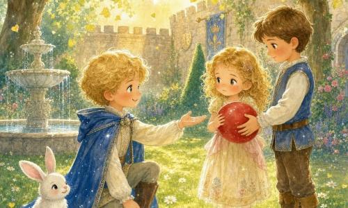 El príncipe (niño) está en el centro, sonriente y confiado, ojos brillantes, pelo rubio rizado, capa azul ligeramente brillante, arrodillado y tendiendo la mano para proponer un juego; una niña de rizos dorados (unos 6 años) sostiene un globo rojo y lo mira con duda que se vuelve tranquilidad; un niño de cabello castaño (unos 7 años) está de pie junto a ella, también sujetando el globo, atento y dispuesto a escuchar; junto al príncipe hay un pequeño conejo blanco de orejas rosas sentado en la hierba; el lugar es un jardín de castillo luminoso con césped verde y margaritas, una fuente de piedra con agua clara, árboles altos cuyas hojas caen como pequeños corazones y un muro de piedra cálida al fondo; la escena muestra resolución: niños que se escuchan, sonrisas compartidas y luz dorada del sol filtrándose entre las hojas, ambiente suave y apacible.