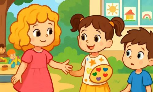 A 6-year-old girl, Emma, with curly golden hair, wears a bright pink dress. She has a shy yet determined smile, her eyes shining with hope as she approaches a group of children. Next to her, Mia, also 6, with pigtails and a floral blouse, smiles warmly while holding a colorful paint palette. Further away, Max, a 6-year-old boy with messy brown hair, looks on in surprise from a bench, a hesitant expression on his face. The scene takes place in a sunny schoolyard surrounded by tall trees with vibrant green leaves, with colorful drawings hanging on the classroom walls. The children joyfully play around a large sandbox, where colorful toys are scattered. The main situation shows brave Emma inviting Max to join her and Mia for play, illustrating a moment of kindness and inclusion in a joyful and welcoming environment.