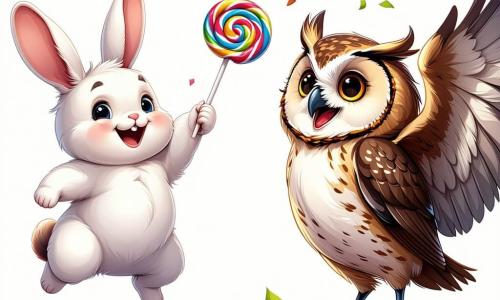 Ein kleiner Hase namens Hopsi mit weißem Fell und großen Ohren steht im Mittelpunkt des Bildes, springt vor Freude mit einem breiten Lächeln und hält einen riesigen bunten Lutscher in seinen Pfoten. Neben ihm sitzt eine weise Eule namens Elvira mit großen runden Augen und braunem Gefieder auf einem Ast, lacht und winkt ihm mit der Flügel. Ein brauner Bär namens Bruno mit einem runden Bauch und einem Partyhut sitzt auf dem Boden und genießt eine riesige Zuckerwatte, seine Augen strahlen vor Glück. Die Szenerie ist ein lebhafter Karneval, gefüllt mit bunten Ständen, schwebenden Ballons und Lichtergirlanden unter einem strahlend blauen Himmel. In der Ferne tanzen Tiere in festlichen Kostümen und haben Spaß. Die Szene zeigt Hopsi und seine Freunde, die einen Moment der Freude und Kameradschaft im Herzen des Festes genießen, umgeben von Lachen und leuchtenden Farben.