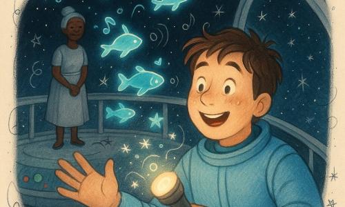 Il dottor Luca, sorridente e meravigliato, volto rotondo con lentiggini e capelli castani spettinati, indossa una tuta spaziale azzurro chiaro e tiene un microfono luminoso mentre tende la mano verso una piccola nuvola di creature luminose; la Signora Ada, donna di circa 60 anni con capelli grigi raccolti, in una veste argentata funzionale, osserva con benevolenza dalla piattaforma del Faro Gravità: una grande pedana metallica tonda color argento e blu con pulsanti rossi e verdi e una vasta vetrata su un cielo stellato profondo. Diverse piccole creature simili a pesci neon blu e turchese fluttuano attorno a Luca emettendo anelli di luce e note visive; Luca imita i loro bip dalla sua navetta aperta e si vedono scintille e onde sonore stilizzate. Stile grafico: colori vivaci, contorni morbidi, texture leggere, atmosfera calda e magica con doodle di stelle, note musicali e cuori; composizione: primo piano Luca e la nuvola luminosa, sullo sfondo la piattaforma e la Signora Ada, ampio spazio nero stellato per valorizzare la luce delle creature.
