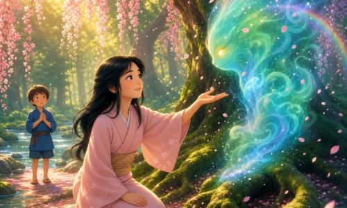 Donna adulta di nome Hana, volto dolce, occhi brillanti, espressione determinata e benevola, capelli neri lunghi leggermente ondulati, in kimono semplice rosa pallido con cintura beige, inginocchiata presso le radici di un grande ciliegio in fiore mentre porge la mano verso un kami della foresta; bambino di circa 8 anni, capelli corti castani, volto curioso e sorpreso, in tunica blu, osserva a pochi passi sul sentiero con le mani giunte; il kami non umano è una nebbia azzurro‑turchese con contorni sfumati, occhi ambra luminosi, scintille e petali che vorticano, fluttua sopra il suolo tra radici muschiose; luogo: radura in una foresta giapponese con ruscello e petali rosa a terra; scena: incontro magico e sereno, petali e goccioline luccicano, luce dorata filtrata tra le foglie, composizione centrata su Hana e il kami con il bambino sullo sfondo.