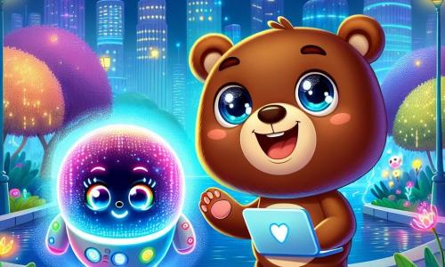 Bruno, un orso marrone dagli occhi curiosi e brillanti, si trova al centro della scena, con un sorriso di eccitazione sul volto, mentre tiene un piccolo computer portatile tra le zampe. Accanto a lui, Luma, un'intelligenza artificiale a forma di sfera luminosa flottante, emette lampi di luce colorata, mostrando un'espressione amichevole e incoraggiante, mentre proietta ologrammi della città. Il contesto è il Parco Galattico, un giardino futuristico pieno di piante luminescenti dai colori vivaci, fontane danzanti e lampade volanti che illuminano il cielo notturno. Le stelle brillano sopra, aggiungendo un tocco magico all'atmosfera. La scena principale mostra Bruno e Luma in piena indagine, scrutando l'ambiente alla ricerca di indizi, circondati da luci scintillanti e dall'energia vibrante della città, mentre si preparano a risolvere il mistero del furto delle luci.