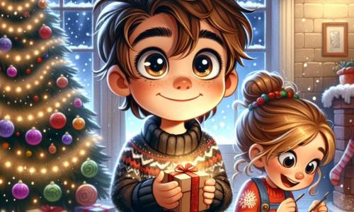 Ein 11-jähriger Junge, Max, mit zerzausten braunen Haaren und neugierigen, funkelnden Augen steht vor einem großen Weihnachtsbaum, der mit glitzernden Girlanden und bunten Kugeln geschmückt ist. Er lächelt begeistert und hält ein kleines Geschenk in den Händen, bereit es zu überreichen. Neben ihm sitzt seine 6-jährige Schwester Mia, mit langen, geflochtenen blonden Haaren und einem roten Pullover mit Schneeflockenmustern, und zeichnet Grußkarten auf einem Holztisch, umgeben von bunten Stiften. Ihre Mutter, eine Frau in den Dreißigern mit braunen, hochgesteckten Haaren und einer Schürze, backt Kekse in der Küche, die im Hintergrund sichtbar ist, während sie Weihnachtslieder singt. Die Szene spielt sich in einem gemütlichen Wohnzimmer ab, das von sanften Lichtern erleuchtet und mit über dem Kamin hängenden Strümpfen dekoriert ist, während draußen sanft Schneeflocken durch das Fenster fallen. Max, voller Begeisterung, ist bereit, die Magie von Weihnachten mit seiner Familie zu teilen und schafft eine fröhliche, festliche Atmosphäre, in der Liebe und Freude mit dem Geist der Feiertage verschmelzen.