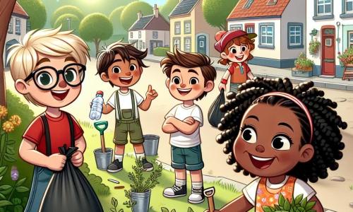 In een zonnig dorpje staan zes kinderen samen in een groen park. Links staat Finn, een 10-jarig jongetje met blond haar en een bril, die glimlacht terwijl hij een grote vuilniszak vasthoudt. Naast hem wijst Emma, een 9-jarig meisje met bruin, krullend haar, naar een stuk plastic op de grond. Iets verderop heft Sam, een 10-jarig jongetje met kastanjebruin haar en een rood T-shirt, enthousiast een plastic fles op. Naast hem kijkt Noor, een 8-jarig meisje met zwarte vlechten, met glinsterende ogen en houdt een kleine schep vast. Achter hen plant Léo, een 9-jarig jongetje met zwart haar en een zonnebril, een jonge boom, terwijl Sophie, een 9-jarig meisje met blond haar en een kleurrijke jurk, vrolijk applaudisseert. Het park is gevuld met kleurrijke bloemen, groene bomen en een stralende blauwe lucht, terwijl een groep donkere wolken aan de horizon wegdrijft, wat de klimaatverandering symboliseert. De kinderen, verenigd in hun missie, benadrukken het belang van zorg voor de natuur door afval op te ruimen en bomen te planten, waarmee ze hun inzet voor een betere toekomst illustreren.