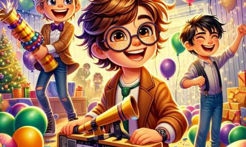 Max, a 10-year-old boy with messy brown hair and round glasses, stands in the center of the scene, smiling widely while holding a colorful cardboard sign that says "Happy New Year!" To his right, Leo, an 11-year-old boy with blonde hair and sparkling eyes, is preparing a balloon cannon, his arms loaded with multicolored balloons. On the left, Sam, a 10-year-old boy with black hair and sunglasses on his forehead, adjusts the music on a small speaker, his face lit up with excitement. The scene takes place in Max's living room, decorated with sparkling garlands and balloons hanging from the ceiling. Twinkling lights illuminate the room, creating a festive atmosphere. In the background, guests are laughing and dancing, while a large clock shows that midnight is approaching. In this illustration, the three friends are busy preparing for their amazing New Year's party surprise, surrounded by bright colors and a joyful atmosphere, ready to explode the party with balloons and music.