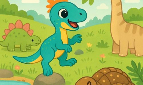 Een vrolijke vélociraptor Rani met kleine turquoise en gele veren, grote glanzende ogen en een kleine oranje kam, springt van steen naar steen terwijl ze één poot optilt; links zit een vriendelijke stegosaurus zachtgroen met roze platen bij een vijvertje en kijkt naar Rani; rechtsachter een zachtaardige brachiosaurus met een lang beige gestreept nek die een blad aanbiedt; op de voorgrond onder een grote varen ligt een robuuste ankylosaurus met bruine schild en gouden accenten, zijn staart rondgelegd; achtergrond: golvende groene vlakte met hoge lichtpuntige grassen, fonkelende riviertjes, glinsterende stenen, kleurrijke bloemen en een lichtblauwe lucht met wat wolken; sfeer warm en uitnodigend, felle kleuren, eenvoudige texturen en afgeronde vormen, compositie duidelijk en gecentreerd op Rani.