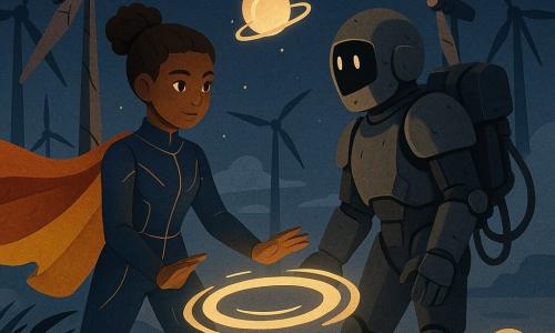 The main character is Solara, a serene, determined brown-skinned woman with curly hair in a high bun, wearing a midnight-blue suit with thin gold lines and a sunrise-colored cape; she stands with hands open, forming a luminous white-ochre ring of wind above the ground. Null, the secondary character, is a non-human robot in matte gray armor covered in dark plates, an empty mirror visor and a large cable-strewn backpack with some cables retracted, facing Solara and looking surprised and hesitant. Pip, a small non-human companion, is a floating cream-colored orb with faint rings that waltzes near Solara's right shoulder. The setting is the Wind Plain at night: tall grasses bent by wind, large cracked wood-and-metal windmills with turning blades, a low moon and a distant city glittering at the image edge. The scene shows a gentle confrontation turned truce: the energy ring spins the air around Null, turbines turn, and the atmosphere is dynamic yet calm, with cool night tones contrasted by the warm golden ring.