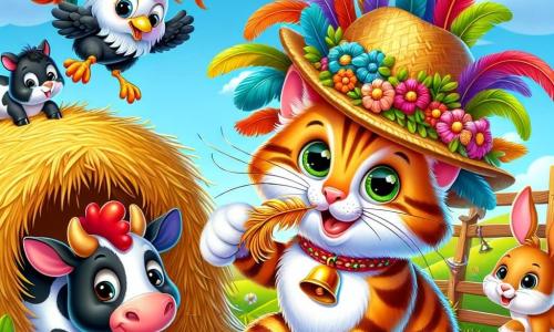 A mischievous cat with orange striped fur and sparkling green eyes, wearing a colorful feather hat, joyfully jumps on a pile of hay. Next to him, a gentle black and white cow with a bell around her neck watches with an amused smile. A small light brown rabbit with big ears happily hops along, holding a colorful flower in its paws. A rooster with red and yellow feathers, perched on a wooden fence, sings cheerfully while observing them. The scene takes place on a sunny farm surrounded by green fields and vibrant flowers, under a light blue sky with fluffy white clouds. Whiskers, the cat, tries to grab a shiny feather stuck to a tree branch but falls into the hay, causing his friends to burst into laughter.