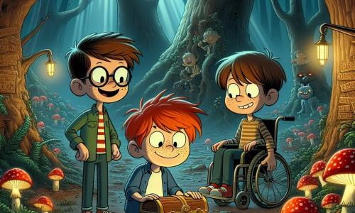Three boys around 10 years old stand in a mysterious clearing in the heart of a dark forest. Max, with his bright red hair and freckles, is in the center, displaying an excited smile. To his right, Leo, with brown hair and round glasses, is intently studying an old map. On the left, Oliver, with chestnut hair and a warm smile, observes his friends from his wheelchair, his eyes sparkling with curiosity. The clearing is surrounded by imposing trees with gnarled trunks, their dark leaves casting eerie shadows on the ground. Rays of light filter through the branches, illuminating glowing mushrooms around them. In the center of the clearing stands a large ancient oak with rough bark, bearing mysterious inscriptions. The boys discover an old chest partially buried under leaves and are about to open it, their faces a mix of excitement and apprehension, as a gentle breeze rustles the leaves, adding to the scene's mystery.
