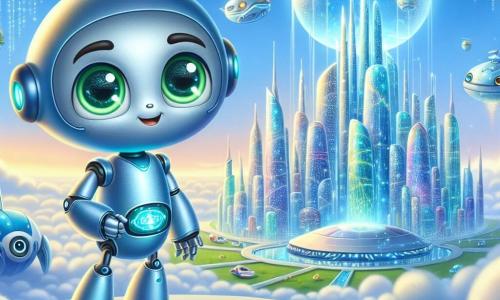 Zynon, un piccolo robot di metallo blu brillante con occhi verdi scintillanti e un sorriso curioso, si trova al centro della scena, meravigliato dalle bellezze della città futuristica. A destra, il Dr. Glix, un robot argentato di grande taglia con una testa a forma di sfera e luci lampeggianti, osserva Zynon con orgoglio, pronto a mostrargli le infinite possibilità del loro mondo. Lo scenario è una città galleggiante, Luminas, con grattacieli di cristallo scintillante e veicoli volanti colorati che attraversano l'aria, mentre giardini sospesi aggiungono un tocco di magia. Zynon scopre la bellezza di Luminas, affascinato dalla tecnologia e dalla natura che coesistono armoniosamente, mentre il Dr. Glix si prepara a rivelargli i segreti del loro futuro radioso.