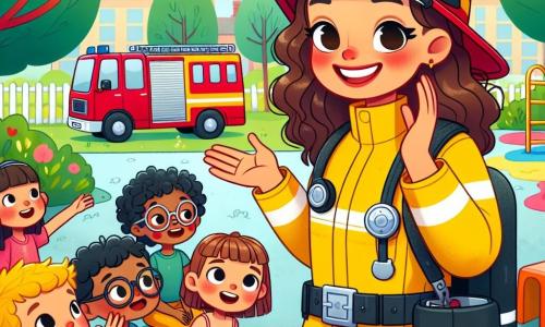 Clara, una valiente mujer bombera, lleva un casco rojo brillante y un uniforme amarillo vivo. Sonríe con entusiasmo, con los ojos brillantes, mientras explica su trabajo a un grupo de niños. Entre ellos, hay una niña de 8 años, con cabello rizado y un vestido rosa, que la escucha con admiración, con las manos en las mejillas. Un niño de 7 años, con gafas redondas y una camiseta azul, levanta la mano para hacer una pregunta, con aire curioso. La escena se desarrolla en un parque soleado, rodeado de árboles verdes y flores coloridas. Se ven juegos infantiles al fondo y un camión de bomberos rojo estacionado cerca, brillando bajo el sol. La situación principal muestra a Clara compartiendo su pasión por el trabajo de bombera, rodeada de niños fascinados que sueñan con convertirse en héroes como ella.