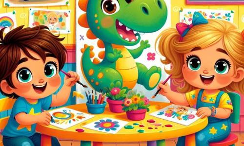 Um menino de 4 anos, Lucas, com cabelo castanho bagunçado e olhos brilhantes de alegria, está pintando um grande dinossauro verde em uma folha de papel, sentado em uma mesa colorida. Ele usa uma camiseta azul com estrelas e um grande sorriso no rosto, mostrando seu entusiasmo. Ao lado dele, uma menina de 4 anos, Sofia, com cabelo loiro preso em duas tranças e um bonito laço rosa, pinta flores coloridas e admira o dinossauro de Lucas, sorrindo com admiração. Um menino de 4 anos, Miguel, com cabelo preto e camiseta verde, está sentado um pouco mais longe, concentrado na pintura de um carro vermelho, rindo de vez em quando com seus amigos. A cena acontece em uma sala de aula iluminada, com paredes amarelas e desenhos de crianças pendurados por toda parte. Mesas de madeira estão dispostas em círculo, e potes de tinta colorida estão espalhados pelas mesas, criando uma atmosfera alegre e criativa. A situação principal mostra Lucas, Sofia e Miguel se divertindo juntos, cada um absorvido em sua pintura, enquanto compartilham risadas e incentivos, ilustrando a magia da amizade e da criatividade na escola.