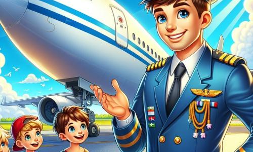 Un bărbat, căpitanul Andrei, zâmbitor și încrezător, poartă un uniformă de pilot albastră cu epauleți aurii. Părul său brun este ușor răvășit de vânt, iar ochii îi strălucesc de entuziasm în timp ce stă lângă avionul său mare alb, strălucind sub soare. Un grup de cinci copii, cu vârste între 7 și 10 ani, se află aproape de el. Un băiat cu părul blond, purtând un tricou roșu, ridică mâna punând o întrebare, în timp ce o fată cu părul brun, purtând o șapcă albastră, privește avionul cu uimire. Ceilalți copii, un băiat cu ochelari și o fată cu împletituri, discută între ei, captivați de povestea pilotului. Scena se desfășoară pe un aeroport animat, cu avioane colorate în fundal, nori pufoși plutind pe un cer albastru strălucitor și lucrători în uniformă care se ocupă de avioane. Situația principală arată căpitanul Andrei explicând copiilor cum pilotează avionul său, cu gesturi entuziaste, în timp ce ei îl ascultă cu atenție, cu ochii strălucind de admirație și curiozitate.