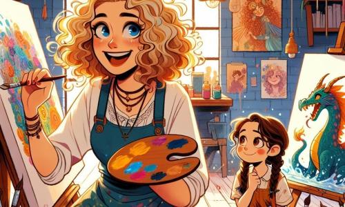 Clara, a curly-haired artist with golden locks, smiles enthusiastically, her eyes sparkling with joy as she mixes bright colors on her palette. She wears a paint-splattered apron, and her hands are covered in colorful stains. Next to her, Lily, an 8-year-old girl with braided brown hair and rosy cheeks, gazes in wonder at the dragon she just painted, her eyes shining with pride. The studio is a magical place filled with vibrant canvases, messy paint pots, and brushes that seem to dance on the tables. Sunlight filters through the windows, illuminating the walls covered in fantastic artworks. In this scene, Clara and Lily share a creative moment, surrounded by other children joyfully painting, each expressing their imagination through bright colors and fun shapes. The atmosphere is joyful and inspiring, filled with laughter and creativity.