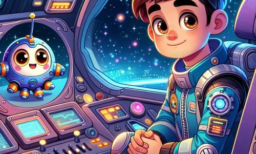 Een man genaamd Daan, ongeveer 30 jaar oud, zit in de cockpit van het ruimteschip, met opgewonden ogen en een geconcentreerde uitdrukking. Hij heeft rommelig bruin haar en draagt een blauwe ruimtepak met zilveren details, terwijl hij een klein controlepaneel met oplichtende knoppen vasthoudt. Naast hem zweeft een kleine robotassistent genaamd Bikkel, met een ronde lichaamsvorm en heldere ogen, die een vriendelijke en aandachtige uitdrukking toont, klaar om te helpen. De scène speelt zich af in de ruimte van het ruimteschip, waar de wanden versierd zijn met futuristische controlepanelen, verlicht door knipperende lichten en schermen die gegevens tonen. Door het raam is een veld van fonkelende sterren en een enorme kleurrijke planeet op de achtergrond te zien, wat een vleugje magie aan de omgeving toevoegt. Daan bereidt zich voor om een drijvende stabilisator in de ruimte te recupereren, terwijl er een lichte spanning op zijn gezicht te zien is, vermengd met een voelbare vastberadenheid. De details van de scène tonen navigatie-instrumenten, kabels en een sfeer van kalmte voor de actie, die het cruciale moment van zijn ruimteavontuur illustreren.
