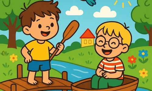 Es gibt zwei Hauptfiguren: Luca, ein 3-jähriger Junge mit zerzausten braunen Haaren, trägt ein gelbes T-Shirt und eine blaue Shorts. Er steht auf einer kleinen Holzbrücke, lächelt und hält ein Paddel. Ben, ein 3-jähriger Junge mit blonden Haaren und runden Brillen, trägt ein rot gestreiftes Hemd und grüne Hosen. Er sitzt in einem kleinen Holzboot und lacht fröhlich. Die Szene spielt in einer wunderschönen Landschaft am Ufer eines glitzernden Baches, umgeben von bunten Blumen und großen grünen Bäumen. Der Himmel ist blau mit einigen flauschigen weißen Wolken, und die Sonne scheint, wodurch goldene Reflexionen auf dem Wasser entstehen. Die Hauptsituation zeigt Luca und Ben, die fröhlich in ihrem kleinen Boot paddeln, während ein bunter Vogel über ihnen fliegt und sie zum geheimnisvollen Lichthaus führt, das in der Ferne leuchtet.