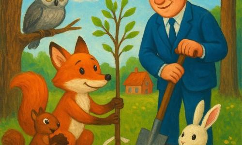 Een kleine roodbruine vos genaamd Vinn, met zacht gezicht en heldere ogen, knielt en houdt voorzichtig een jonge boom bij de wortels; de burgemeester, een man van middelbare leeftijd in een blauw pak, glimlachend en met een houten schop, staat rechts achter Vinn; een oude grijze uil zit op een lage tak links; een levendige bruine eekhoorn met een klomp aarde zit op een nabijgelegen stronk; een verlegen wit konijn zit op de voorgrond bij het gegraven gat; aan de rand van een groot bos met groene grasvelden en gele bloemen en rode bakstenen huizen op de achtergrond onder een lichte lucht; samen planten ze een jonge Vredesboom in donkere aarde, scheppen en pootjes samen, een wit lint rond de stam, als teken van eenheid en herstel na een conflict.