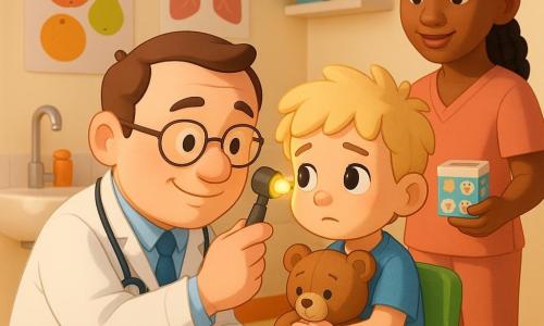 A calm, smiling male doctor with short brown hair and thin glasses kneels to the level of a 4-year-old boy, Sam, holding a small lit otoscope near his ear; Sam, with tousled blond hair, clutches a brown teddy, eyes wide and slightly worried, seated on a colorful chair to the doctor's left. Behind and to the right stands Mina, a smiling nurse in her 30s with caramel skin and braided hair, holding a box of bandages and stickers. The small, bright clinic has cream walls with orange accents, child-friendly posters of fruits and lungs, a shelf of colorful boxes, a sink with orange liquid soap, soft linoleum and a rainbow-patterned rug. The scene is a tender, reassuring ear exam with soft morning light on calm faces, a warm clean atmosphere, pastel color palette, and a mid-close composition centered on the doctor-child encounter.