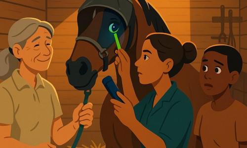 A female veterinarian, about 35, with a gentle concentrated face and brown hair in a bun, holds a blue light in one hand and a fluorescent strip in the other, leaning to examine a horse's eye; a female assistant, about 25, alert and slightly worried, short hair and practical T‑shirt, stands to the vet's right ready with a sterile compress; a female owner, about 60, sun‑creased but relieved, gray hair in a ponytail, stands slightly back to the left holding the horse's lead; the horse, Thunder, a large dark bay with ears forward and a watery left eye, wears a partially raised fly mask and shows a thin green fluorescent line under the blue light; the wooden stall with golden straw, hanging metal buckets, amber light from a high window and tidy tools creates a calm, secure atmosphere; main scene: the vet performs a delicate ocular exam, the blue light reveals the lesion as a small green streak, gestures slow and reassuring, the three humans forming a protective semicircle; flat contrasting colors, clear lines and simple shapes for immediate reading by children.