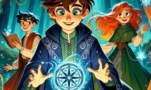 A young wizard named Eliot, around 12 years old, stands in the center of an enchanted clearing, his face illuminated by the glow of a powerful magical artifact, the Obsidian Compass. His messy brown hair and excited, determined eyes reflect his enthusiasm. He wears a midnight blue wizard robe adorned with silver patterns and reaches out to the Compass, which floats above a stone pedestal. Beside him, Lira, a young witch with fiery red hair and sparkling green eyes, watches in admiration, a radiant smile on her face. Dressed in a green witch robe, she stands confidently with her hands on her hips. A little further back, Felix, a boy with tousled brown hair and a mischievous smile, holds a magical map, his eyes shining with excitement, ready to guide his friends. The scene takes place in a mystical forest, where twisted trees with shimmering leaves create a fairy-tale atmosphere. Glowing vines hang from the branches, and magical creatures hide in the shadows, adding a touch of mystery to the environment. The main situation shows Eliot, Lira, and Felix united in their quest to retrieve the Compass, facing the magic of the shadows around them, ready to tackle the challenges awaiting them in this fantastical world.