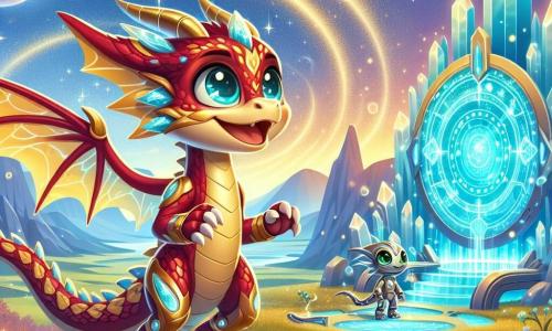 Ilustración que representa a una joven drakos, una criatura fantástica de color rojo y oro, con escamas brillantes y alas translúcidas que brillan bajo la luz de las estrellas. Ella expresa una determinación alegre, con los ojos llenos de emoción, mientras se encuentra frente a un inmenso portal de cristal azul, iluminado por destellos de luz mágica. A su lado, un ser metálico, parecido a un felino, con ojos verdes esmeralda y articulaciones brillantes, observa el portal con curiosidad. El lugar principal es un vasto valle bañado en luz dorada y plateada, con colinas ondulantes y cristales brillantes que emergen del suelo, creando una atmósfera mística y tecnológica. La situación muestra a la joven drakos y al ser metálico listos para activar una antigua tecnología que podría cambiar el destino de su mundo, mientras destellos de luz giran a su alrededor, simbolizando el poder y la magia del portal. Otros elementos gráficos incluyen patrones de constelaciones en el cielo, flores luminosas en el suelo y sombras danzantes creadas por la luz del portal, reforzando la atmósfera de misterio y aventura.