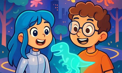 Una niña de 12 años, llamada Luna, está en el centro de la imagen, con grandes ojos brillantes y cabello largo y ondulado de un azul brillante. Lleva un traje futurista plateado que brilla bajo las luces de la ciudad, y su rostro expresa una alegría maravillada. A su lado, un niño de 12 años, Alex, con cabello rizado y gafas redondas, sonríe mientras le muestra un holograma de un dinosaurio que cobra vida en el aire. Ambos están en un parque de realidad aumentada, donde árboles luminosos rodean senderos de luz y criaturas fantásticas flotan a su alrededor. La escena principal muestra a Luna y Alex jugando juntos, riendo y maravillándose ante los hologramas coloridos que los rodean, creando una atmósfera mágica y alegre.