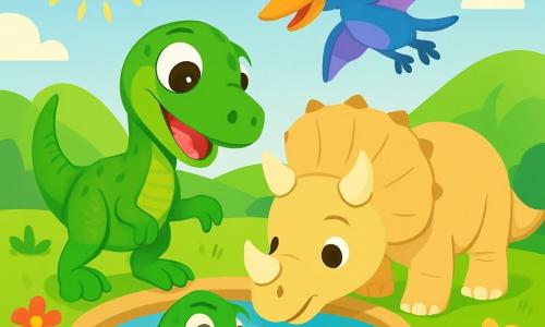 Um velociraptor com escamas verdes brilhantes, grandes olhos curiosos e um sorriso alegre, está à beira de uma poça de água clara, admirando seu reflexo. Ao lado dele, um tricerátopo de pelagem bege suave, com grandes chifres e um olhar amigável, se inclina para beber água, suas patas robustas firmes no chão. Ao fundo, um pterodáctilo de asas coloridas, com plumagem azul e roxa, voa alegremente acima da cena, seus olhos brilhando de felicidade. O local é um lindo vale verdejante, com colinas ondulantes, flores vibrantes e pedras cintilantes ao redor da poça, sob um céu ensolarado. A cena principal mostra os três amigos compartilhando um momento de alegria e amizade, explorando juntos a beleza de seu mundo pré-histórico.
