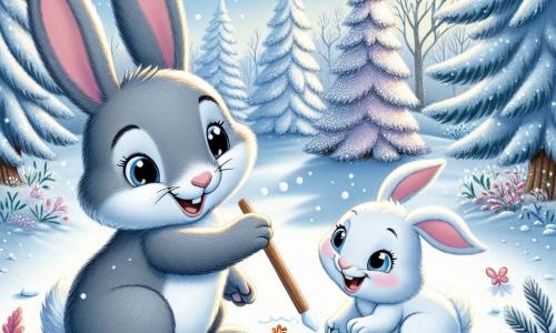 Ein kleiner grauer Hase namens Felix mit großen Ohren und einem fröhlichen Lächeln zeichnet mit einem Stock im Schnee. Seine Augen leuchten vor Aufregung, während er einen großen schneebedeckten Baum kreiert. Neben ihm hält seine beste Freundin, ein kleines weißes Kaninchen namens Mia mit rosigen Wangen und funkelnden Augen, ebenfalls einen Stock und fügt farbige Blumen in den Schnee ein, während sie vor Freude lacht. Die Szenerie ist ein wunderschöner Winterwald, in dem die Bäume mit glitzerndem Schnee bedeckt sind und der Boden ein funkelnder weißer Teppich unter dem sanften Licht der Wintersonne ist. Sanfte Schneeflocken fallen vom hellblauen Himmel und verleihen der Szene einen magischen Touch. Felix und Mia, zwei unzertrennliche Freunde, schaffen gemeinsam ein Meisterwerk im Schnee und verwandeln die winterliche Landschaft in eine farbenfrohe Leinwand voller Freude und Fantasie.