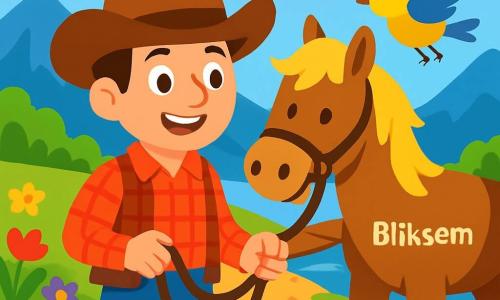 Een glimlachende cowboy, een man van rond de dertig, draagt een grote vilten hoed en een rood geruite shirt. Zijn ogen stralen van opwinding en nieuwsgierigheid terwijl hij op een zandpad staat, de teugels van zijn paard vasthoudend. Naast hem staat een robuust paard genaamd Bliksem, met een gouden manen en een bruine vacht, dat aandachtig naar zijn meester kijkt. Een klein kleurrijk vogeltje met gele en blauwe veren vliegt vrolijk om hen heen en zingt een vrolijke melodie. De omgeving is een groene vallei, omgeven door majestueuze bergen onder een stralende blauwe lucht met enkele donzige witte wolken. Heldere wilde bloemen in rood, geel en paars bedekken de grond en voegen een vleugje magie toe aan de scène. De belangrijkste situatie toont de cowboy en zijn paard die klaar zijn om een brede rivier over te steken, met een oude houten brug die licht kraakt onder hun stappen. De vastberaden uitdrukking op Sam's gezicht en Bliksem's enthousiasme creëren een sfeer van avontuur en kameraadschap.